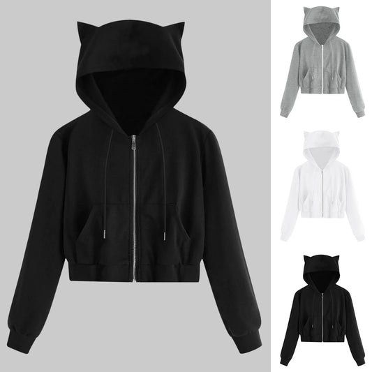 Sudadera con capucha corta con cremallera y estampado de Harajuku para adolescentes, chaquetas con orejas de gato kawaii, sudaderas con capucha y cordón con bolsillo, Envío 0.00 $