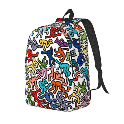 Mochilas de lona con 6 figuras de bailarinas de Haring para estudiantes universitarios y escolares, aptas para portátiles de 15 pulgadas, bolsos geométricos con grafitis de rap