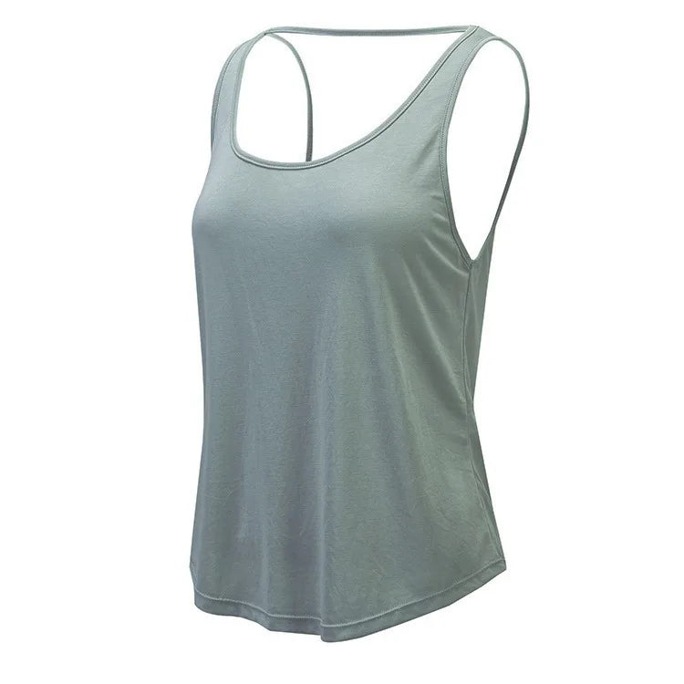 Camiseta de yoga con escote en U y espalda baja con dobladillo curvo, tirantes holgados, sin mangas, de secado rápido, para gimnasio, deporte, entrenamiento, pilates