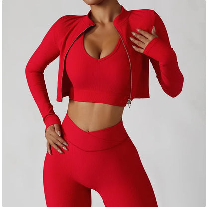 Chaqueta Sujetador deportivo Leggings Conjunto de 3 piezas Chándal de mujer, entrenamiento y ejercicio