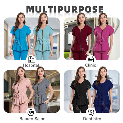 Conjunto de uniformes médicos para mujeres, ropa de belleza con cuello con cremallera, uniformes médicos antiarrugas de alta calidad, ropa de trabajo de enfermera de moda suave y cómoda, Envío 0.00 $.