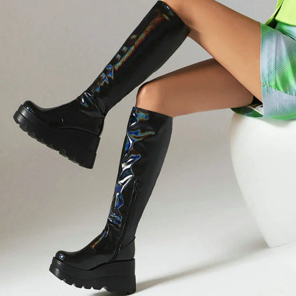 Botas Altas hasta la Rodilla para Mujer | Color Negro y Plateado con Plataforma y Tacón Alto | Estilo Moderno y Sofisticado | Envío Gratis en **FLIPISHOP.COM**