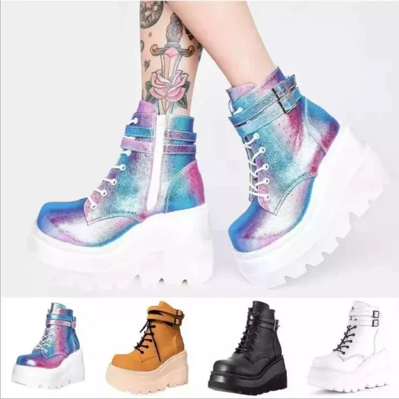 Botas de Moto Góticas Punk para Mujer | Plataforma Gruesa y Tacón de Cuña Alto | Moda Versátil | Envío Gratis | **FLIPISHOP.COM**