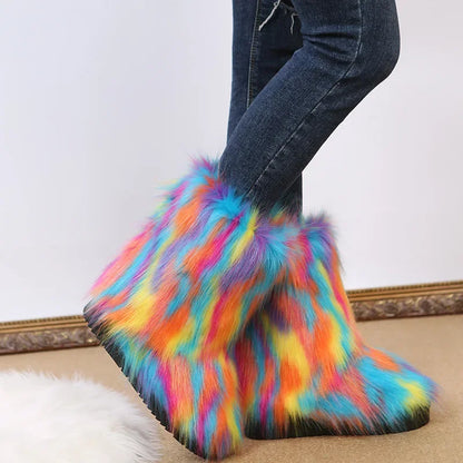 Botas de nieve de felpa de colores de moda-2024-para mujer, nuevas botas de invierno de pelo largo de zorro, cómodas, de algodón, antideslizantes, resistentes al desgaste, zapatos planos. Envío 0.00 $.