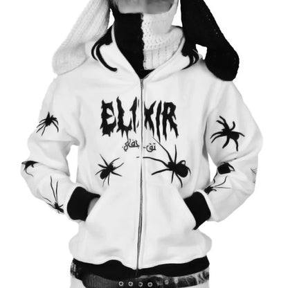 Sudadera con capucha estilo Y2K para mujer, sudadera con capucha gótica con orejas de diablo, sudadera con capucha con estampado de letras de araña, sudadera con cremallera, sudadera punk, chaqueta Y2k 2023