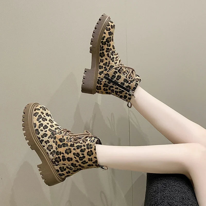 Botas de Invierno CHAXIAOA con Estampado de Leopardo | Puntera Redonda, Tacón Grueso y Cordones | Moda Versátil 2024 | Envío Gratis | **FLIPISHOP.COM**