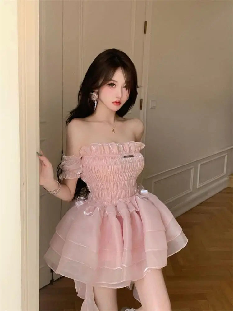 Vestido de Hada Rosa Dulce para Mujeres | Estilo Kawaii Lolita con Hombros Descubiertos | Envío Gratis **FLIPISHOP.COM**