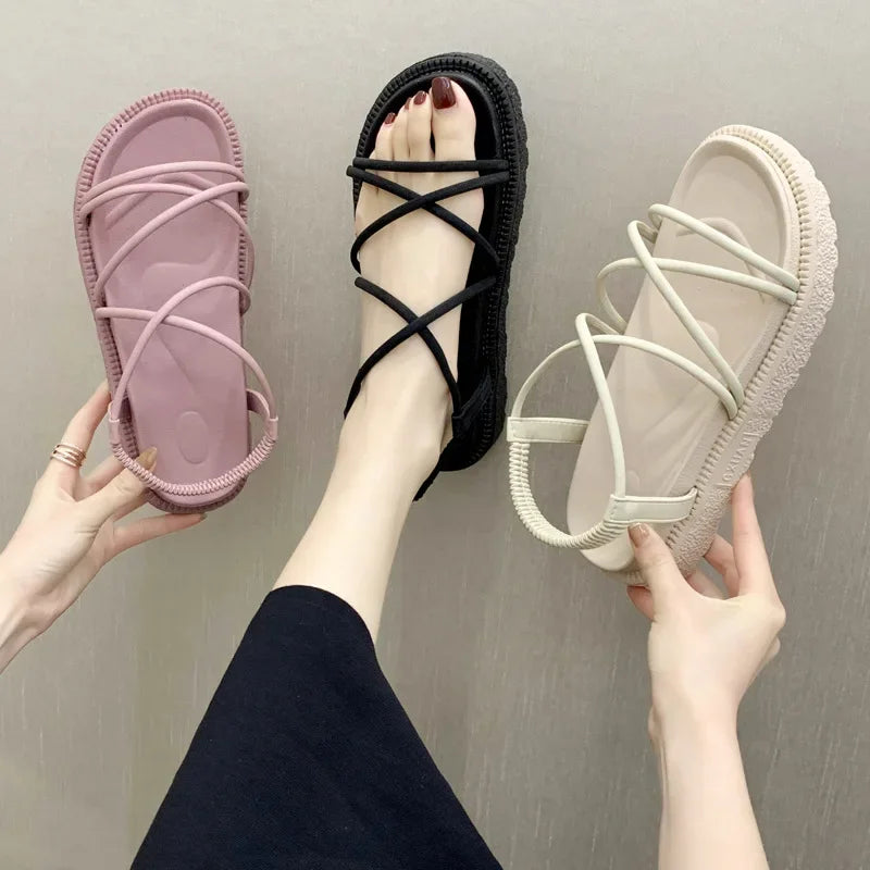 Sandalias de plataforma de verano 2024, sandalias de tiras cruzadas de estilo coreano para mujer, sandalias de cuña de estilo romano, zapatos de mujer, sandalias de mujer