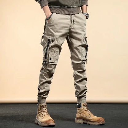 Pantalones cargo ajustados de primavera y otoño 2024 de mezcla de algodón con cordón y cremallera informales para hombre de moda coreana