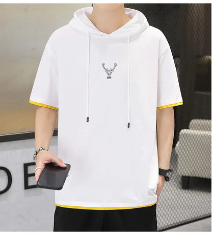 Camisetas con Capucha, Ropa de Hombre 2024, Verano Nuevo Loose Korean Tops Casual Tee Shirt