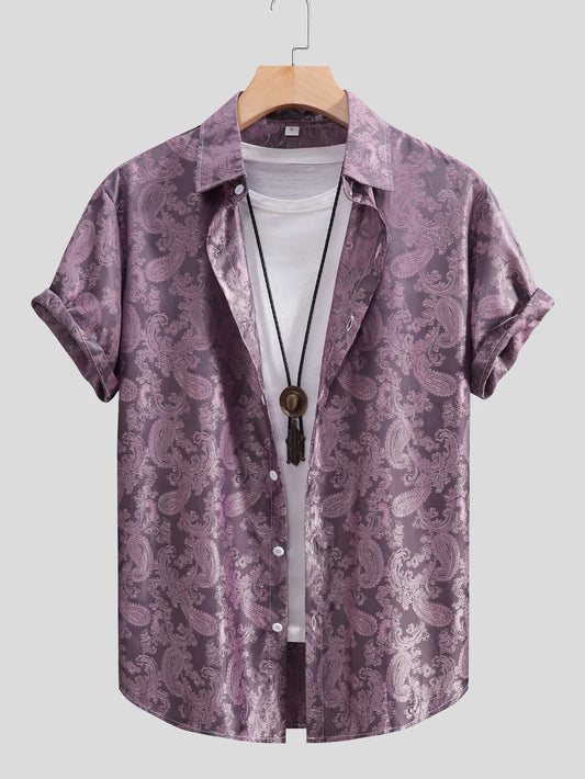 Camisas de satén para hombre, camisa de manga corta sedosa con estampado de rosas en jacquard, blusas de verano con botones, camisas de calle vintage