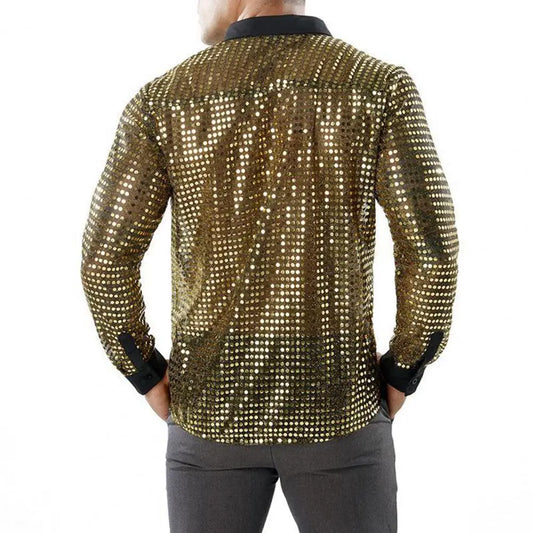 Camisa de lentejuelas Vintage 70s Hombre Solapa de lentejuelas Camisa Disco Brillante Brillante Slim Fit Botonadura sencilla Rendimiento de fiesta