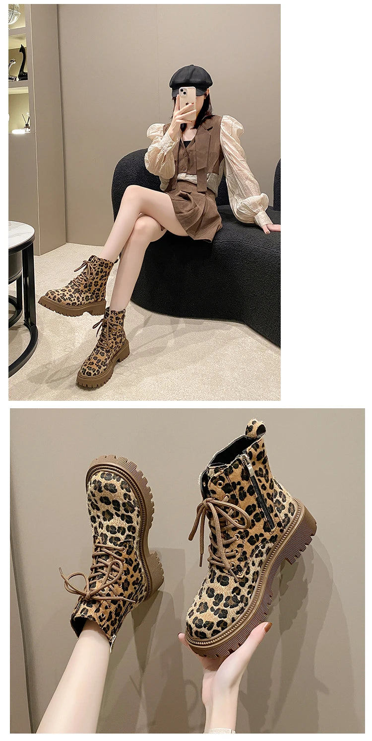 Botas de Invierno CHAXIAOA con Estampado de Leopardo | Puntera Redonda, Tacón Grueso y Cordones | Moda Versátil 2024 | Envío Gratis | **FLIPISHOP.COM**