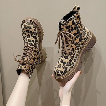 Botas de Invierno CHAXIAOA con Estampado de Leopardo | Puntera Redonda, Tacón Grueso y Cordones | Moda Versátil 2024 | Envío Gratis | **FLIPISHOP.COM**