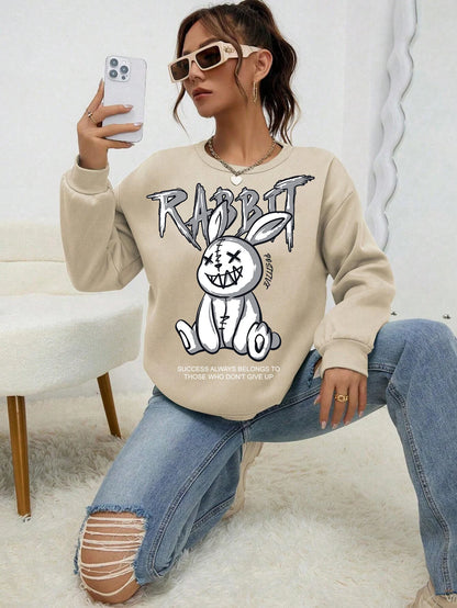 Sudadera con capucha con estampado de conejo de risa mala para mujer, sudadera básica de cuello redondo Harajuku, sudadera de moda de hip hop, ropa informal de otoño con forro polar