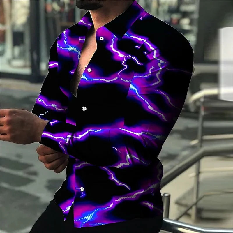 Camisa de manga larga 3D 2024 con solapa y botonadura sencilla con estampado luminoso informal de lujo para hombre, Envío 0.00 $.