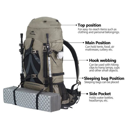 Mochila de camping Naturehike 70L Bolsas de senderismo ergonómicas de gran capacidad para hombre con cubierta para la lluvia Mochilas de trekking de viaje al aire libre