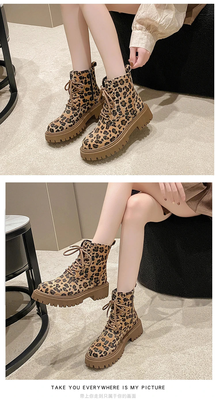 Botas de Invierno CHAXIAOA con Estampado de Leopardo | Puntera Redonda, Tacón Grueso y Cordones | Moda Versátil 2024 | Envío Gratis | **FLIPISHOP.COM**