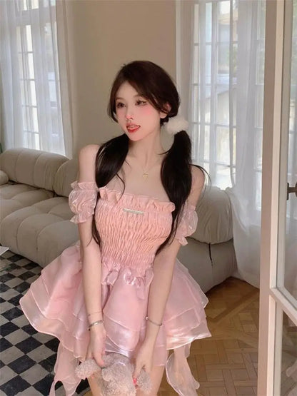 Vestido de Hada Rosa Dulce para Mujeres | Estilo Kawaii Lolita con Hombros Descubiertos | Envío Gratis **FLIPISHOP.COM**