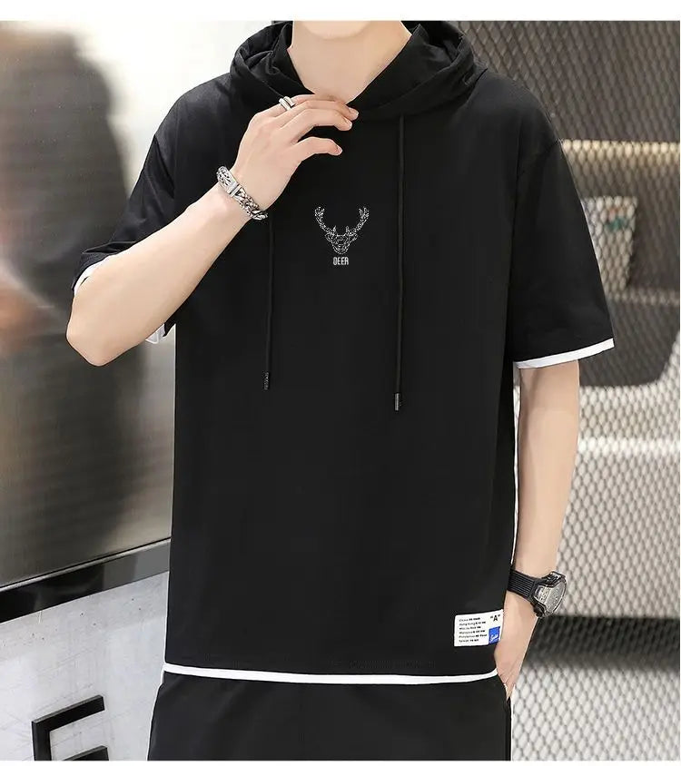 Camisetas con Capucha, Ropa de Hombre 2024, Verano Nuevo Loose Korean Tops Casual Tee Shirt