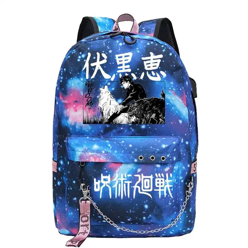 Mochila Adolescente Niñas Niño Mochila escolar Puerto de carga USB Bolsa para computadora portátil Fushiguro Megumi Anime Nylon Mochila Escolar