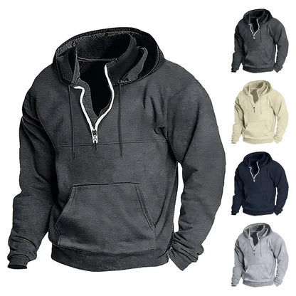 Sudadera con capucha holgada para hombre, estilo retro, de color sólido, con cremallera decorativa, cordón ajustable, suave y cálida, de manga larga con parche grande, Envío 0.00 $.