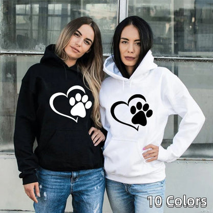 Sudaderas con capucha con estampado de huellas de perro y forma de corazón para mujer, sudaderas casuales de manga larga, jerséis de otoño e invierno de talla grande