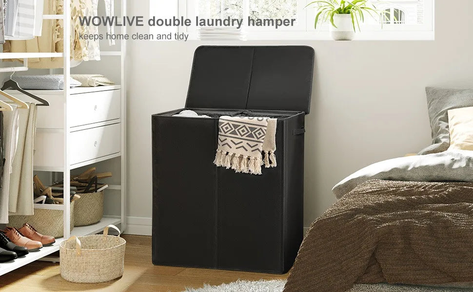 Cesta de lavandería doble WOWLIVE 154L con tapa y bolsas de lavandería extraíbles, cesta grande de ropa sucia de 2 secciones plegable, Envío 0.00 $.