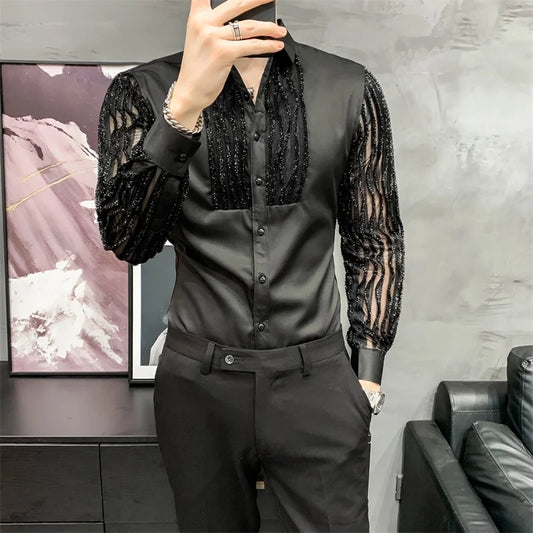 Camisas de encaje caladas para hombre, de manga larga, ajustadas, para ropa de calle, para fiestas sociales, ropa para discotecas, cantantes, DJ, camisas para hombre