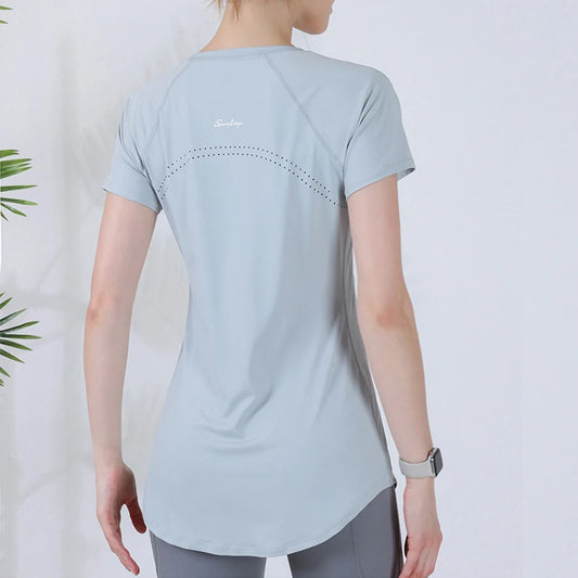 Camiseta deportiva de yoga para mujer, camisetas de manga corta que cubren la cadera, camiseta de gimnasio, ropa de entrenamiento físico, camisetas ajustadas, blusa de secado rápido