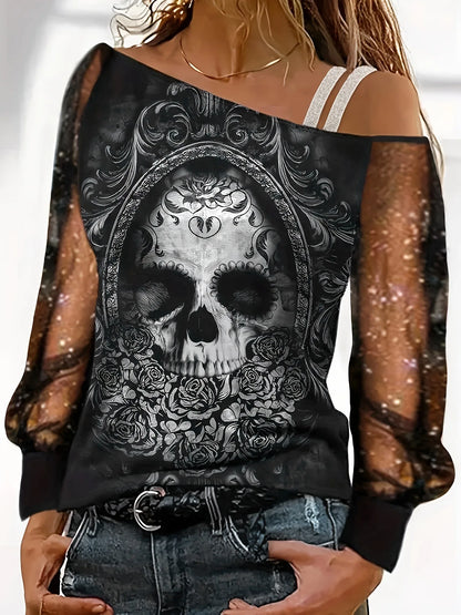 Camiseta informal de cuello torcido con un solo hombro para mujer, blusa de manga larga brillante con perspectiva y calaveras, jersey de calle de color liso