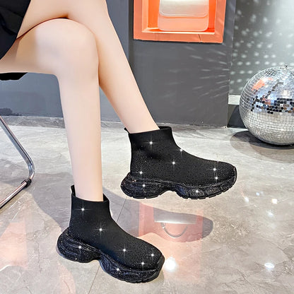 Botines de punto con plataforma y cuña para niña, de tejido elástico y con cuentas, sin cordones, para primavera y otoño, a la moda, con diamantes de imitación