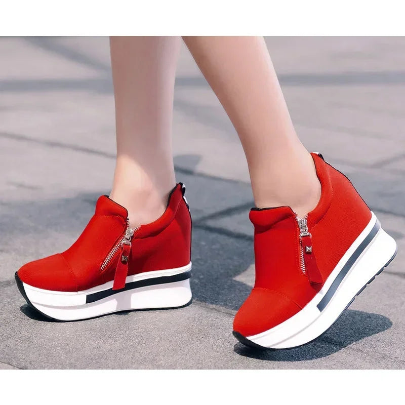 Zapatillas de plataforma Mujer rojo casual cómodo zapato de tacón oculto zapatos de lona negro tacones de cuña zapatilla tenis de mujer