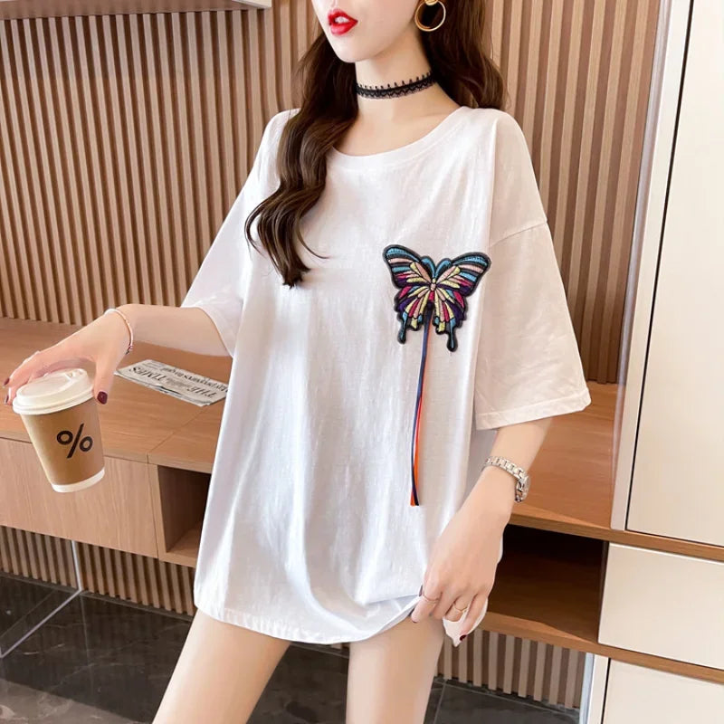 Camisetas gráficas bordado damas más blusas de manga corta larga moda coreana ropa estética camisetas nuevas