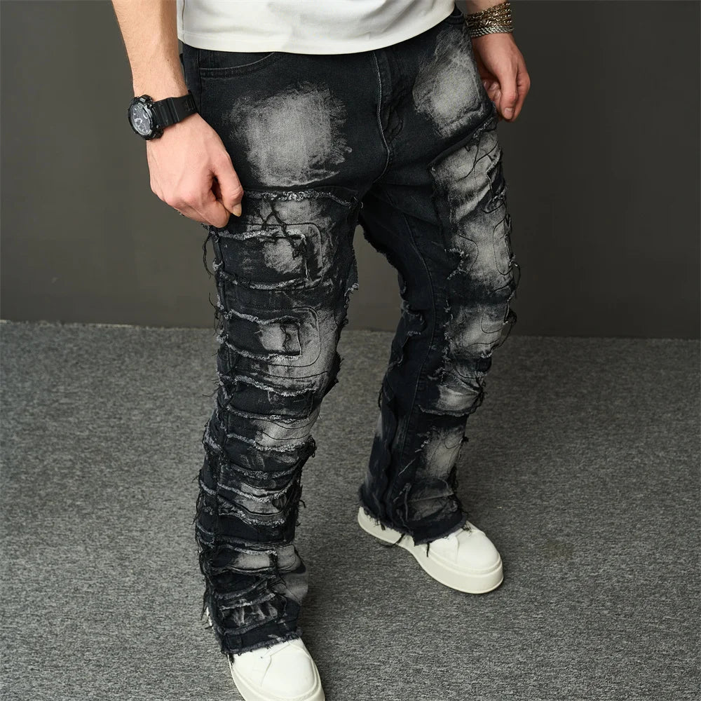 Pantalones Vaqueros Rectos con Parches y Roturas para Hombre | Estilo Hip Hop y Motero | Envío Gratis | NoEnName_Null | **FLIPISHOP.COM**