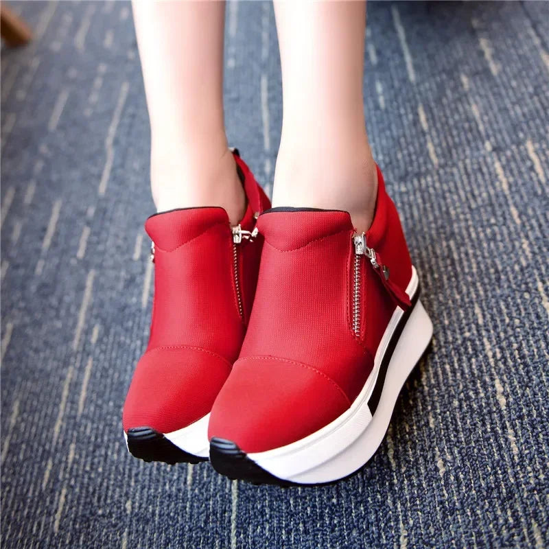 Zapatillas de plataforma Mujer rojo casual cómodo zapato de tacón oculto zapatos de lona negro tacones de cuña zapatilla tenis de mujer