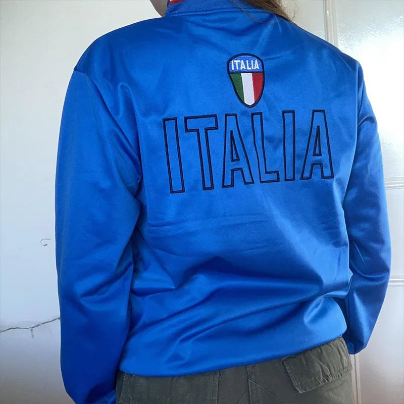 Sudadera con capucha gótica con letras bordadas retro estéticas para mujer, suéter con cremallera azul, chaqueta holgada Harajuku para mujer, ropa Y2K