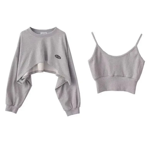 Sudadera con capucha asimétrica recortada de moda para mujer, 2 piezas, informal, lisa, de manga larga, pulóveres femeninos, tops elegantes, Envío 0.00 $.