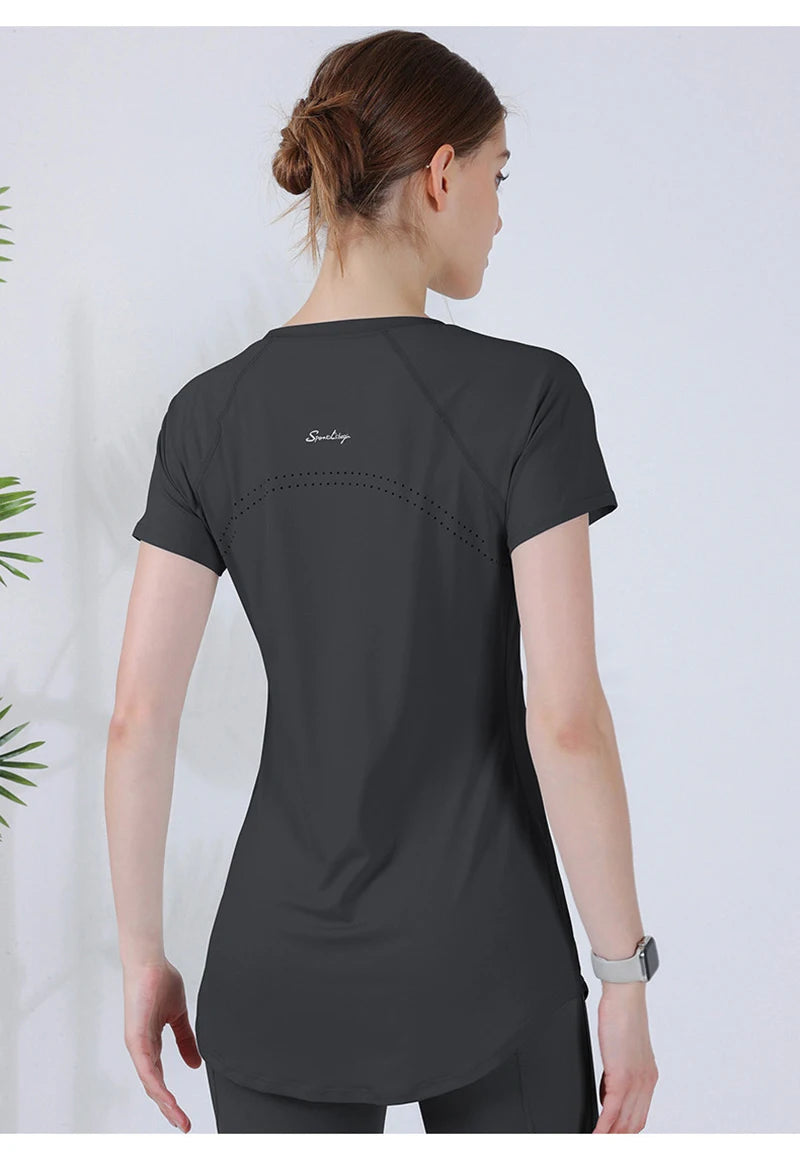 Camiseta deportiva de yoga para mujer, camisetas de manga corta que cubren la cadera, camiseta de gimnasio, ropa de entrenamiento físico, camisetas ajustadas, blusa de secado rápido